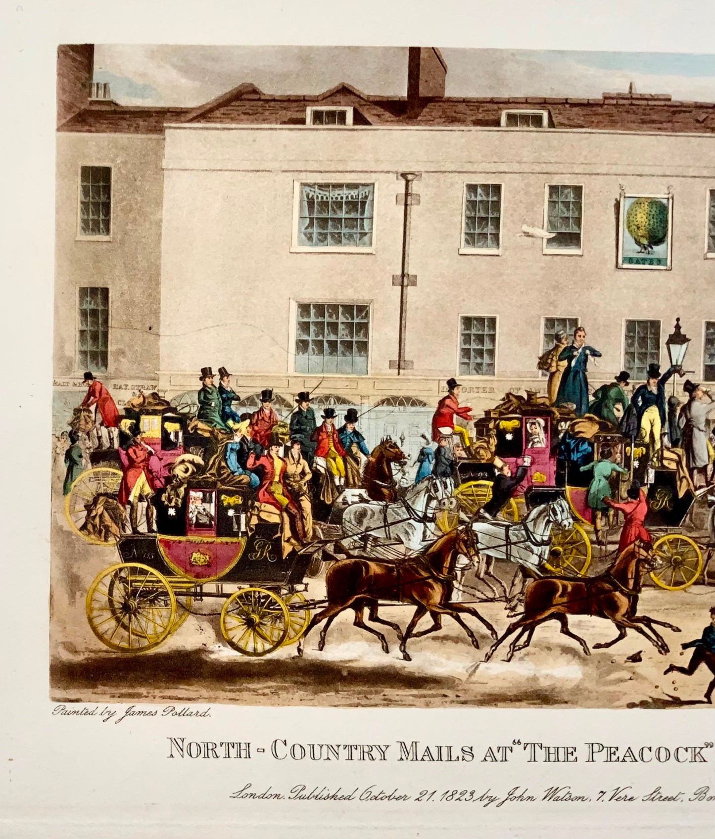 1823 Pollar; Sutherland, Post Carriage at Islingtion, Londra, acquatinta, topografia, trasporto