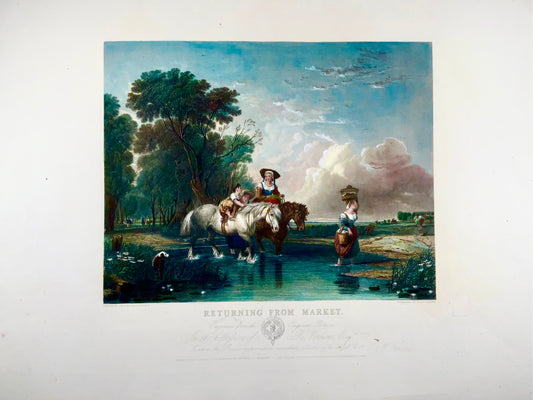 1845 Di ritorno dal mercato, AW Calcott, incisione a colori molto grande di 55 cm, paesaggio