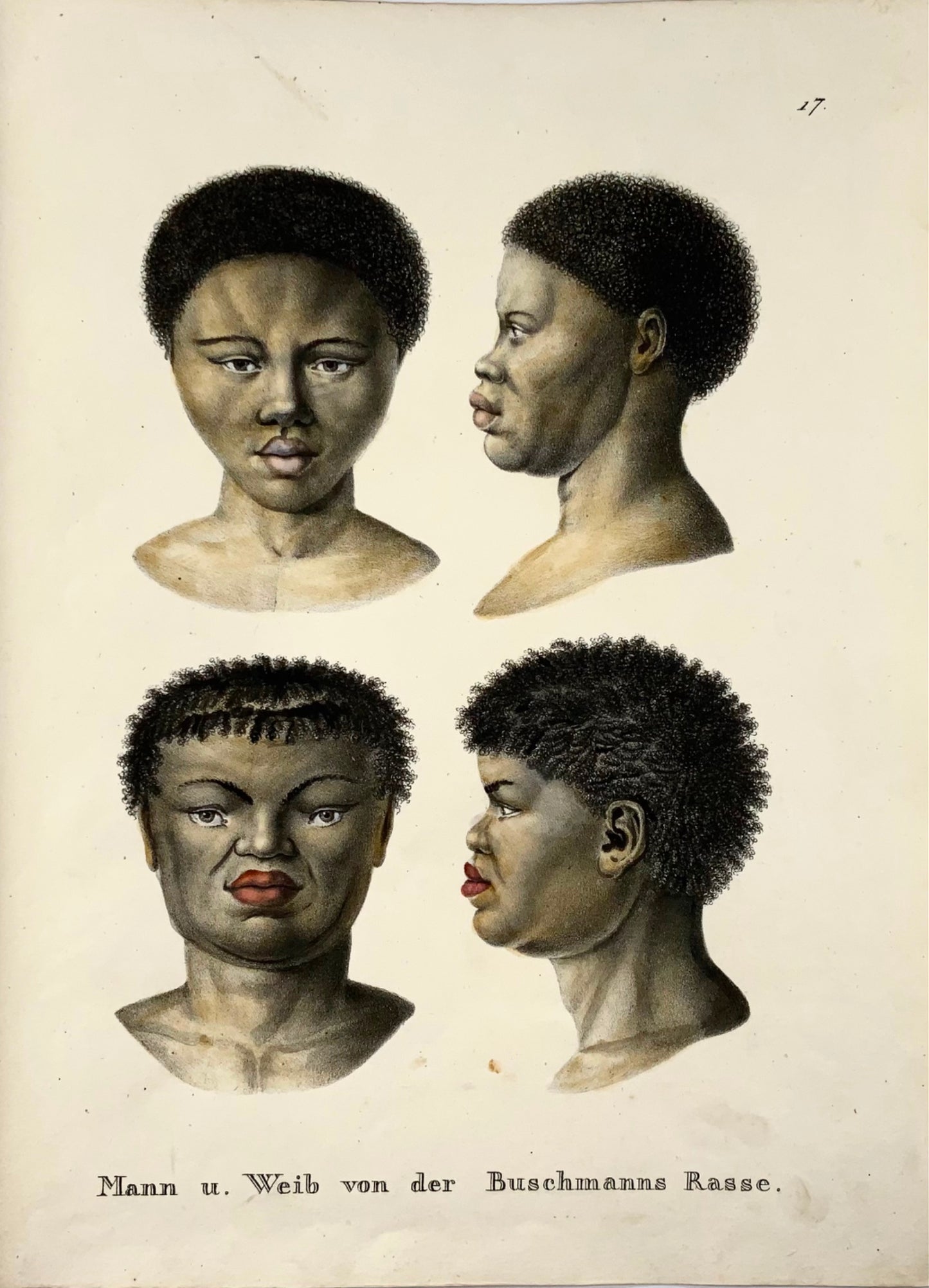 1824 Nativi africani, Boscimani, KJ Brodtmann, col. a mano, litografia, etnologia