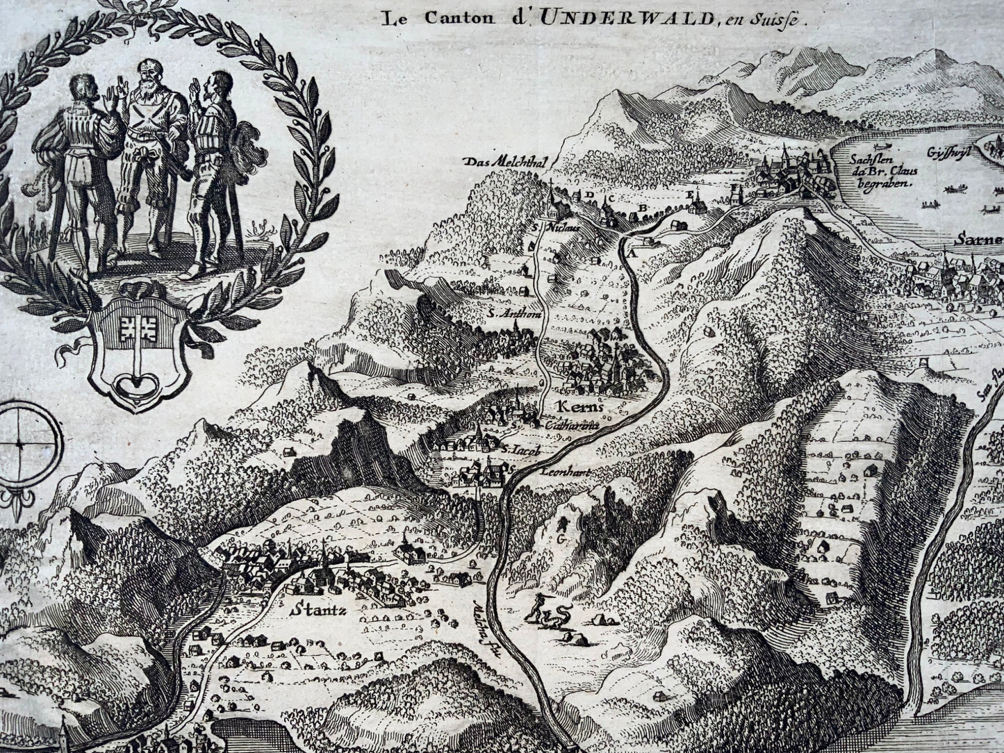 1723 Unterwalden, Bird’s Eye Map, Sarnen, Stans, Kerns, Alpnach, Switzerland
