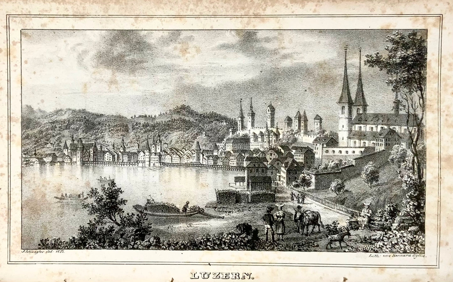 1832 Lucerna, Businger, 1 litografia panoramica, 9 vignette, carta geografica, guida turistica svizzera