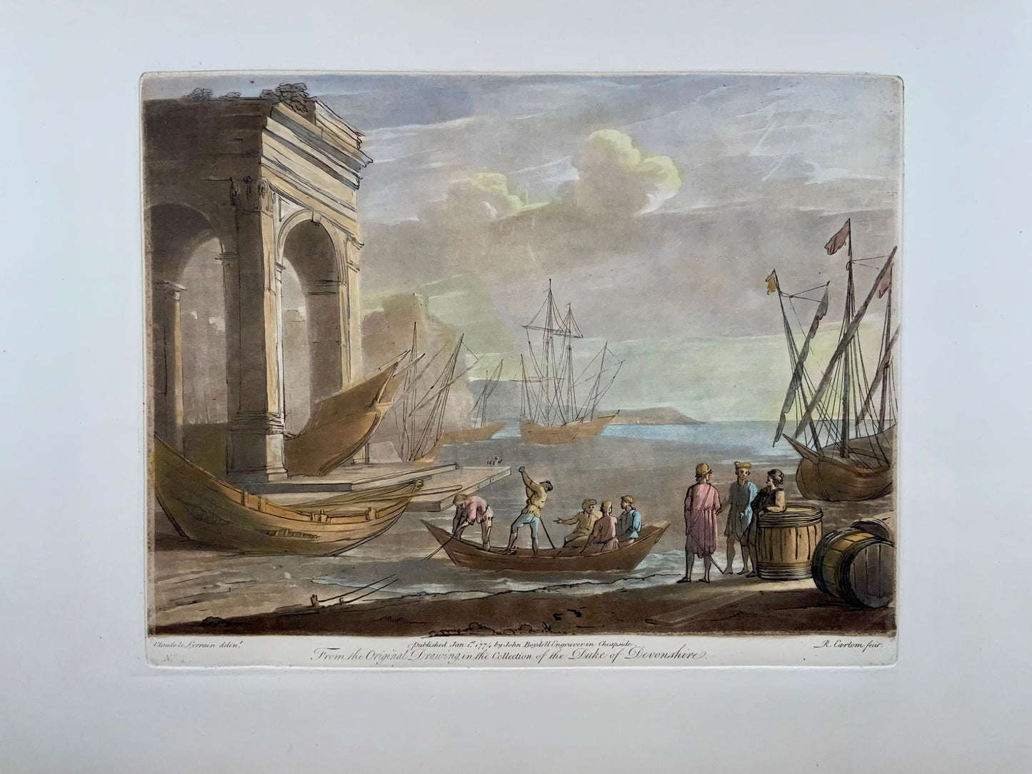 1774 Richard Earlom secondo CLAUDE LORRAIN - Veduta del porto con navi - Carta di grandi dimensioni - Arte classica