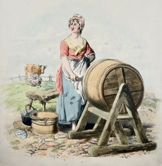 1805 Milk Maid, butter, milking, Wm Miller, folio aquatint with hand colour, agriculture, trades