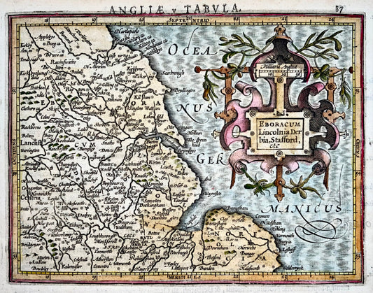 1610 Norfolk, Lincolnshire, Cambridgeshire. Mappa colorata a mano di Hondius
