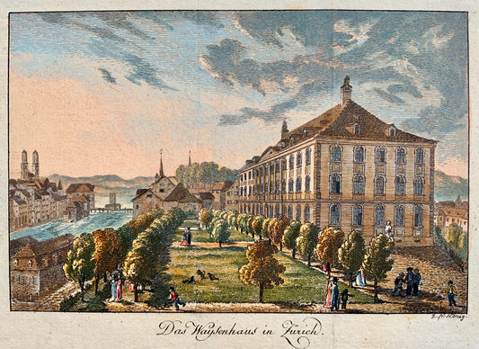 1803 F.N. Koenig ORPHANAGE at ZURICH hand coloured copper engraving Switzerland