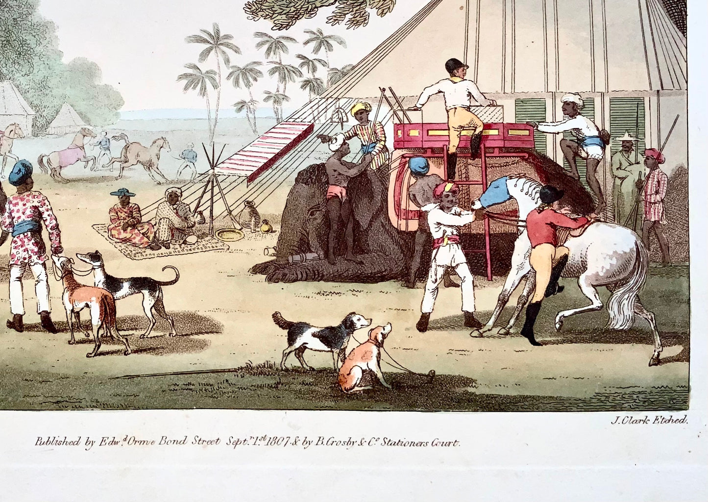 1807 ème. Williamson, Préparations pour une chasse, aquatinte coloriée à la main, sports, Inde, topographie étrangère