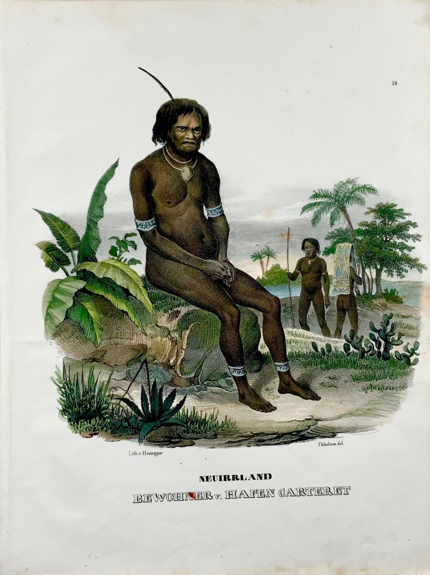 1840 Indigènes de Papouasie-Neuguinea, Honegger, lithographie sur pierre folio colorée à la main