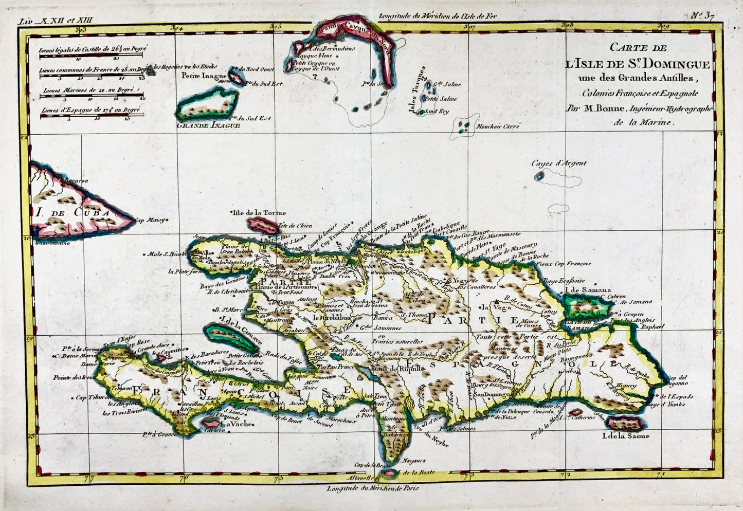 1780 Bonne, map of Hispaniola, Dominican Republic, Haiti, Antilles hand coloured