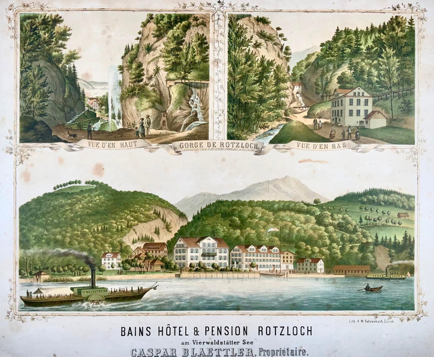 1860 ca. SWISS TRAVEL Poster 55x62 cm Nave a vapore Rotzloch Stanstadt