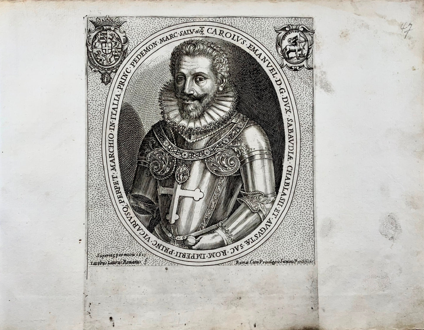 1613 G. Laurus PORTRAIT of Carlo Emanuele I, Duke of Savoy - copper engraving