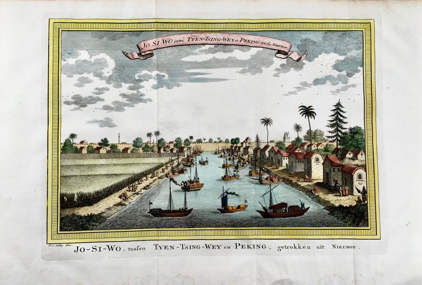 1749 Peking, China, Beijing, J. van Schley, hand colour, panoramic engraving, map