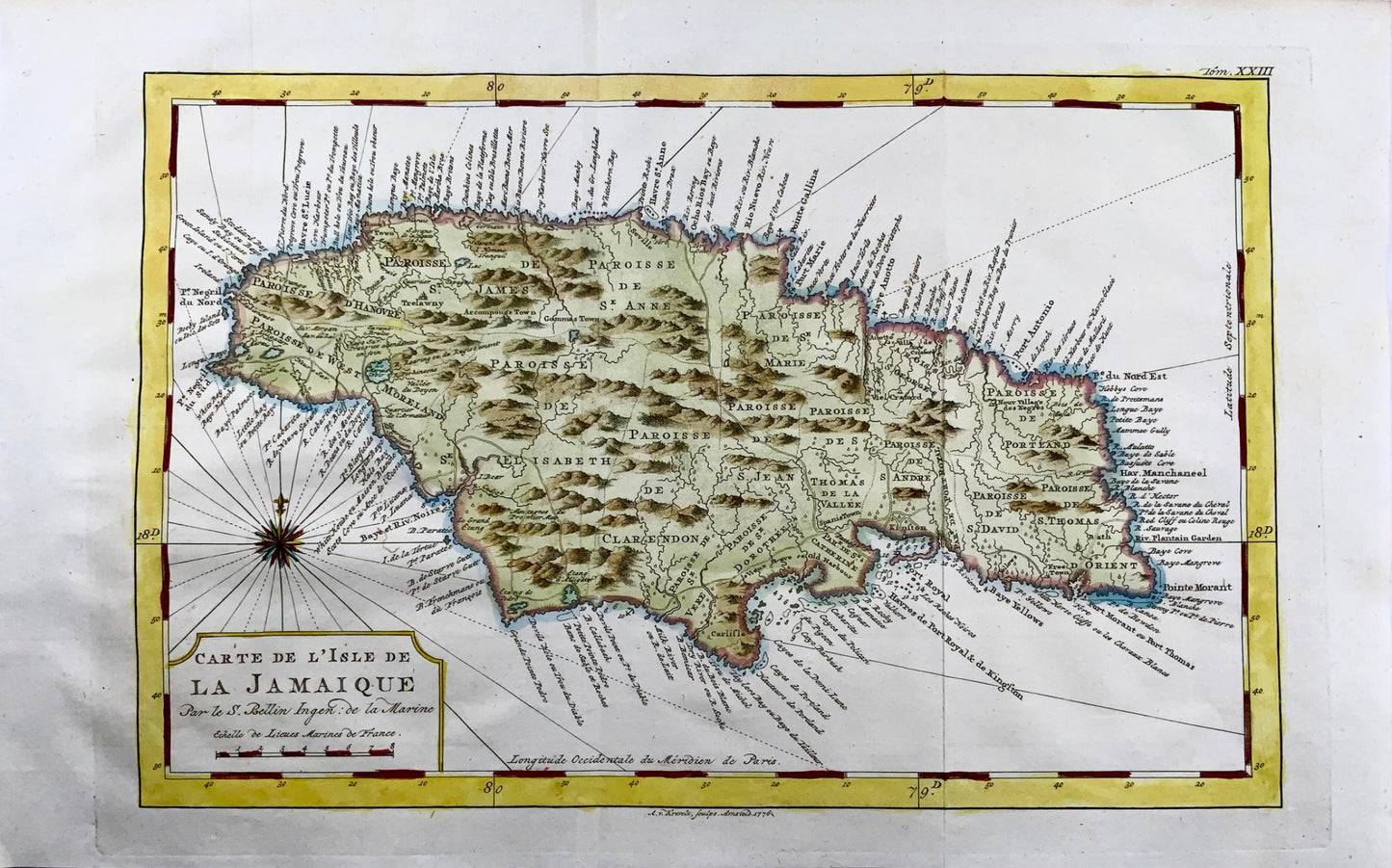 1776 A. Krevelt, Bellin, Carte de Jamaique, Jamaica Caribbean, hand coloured map