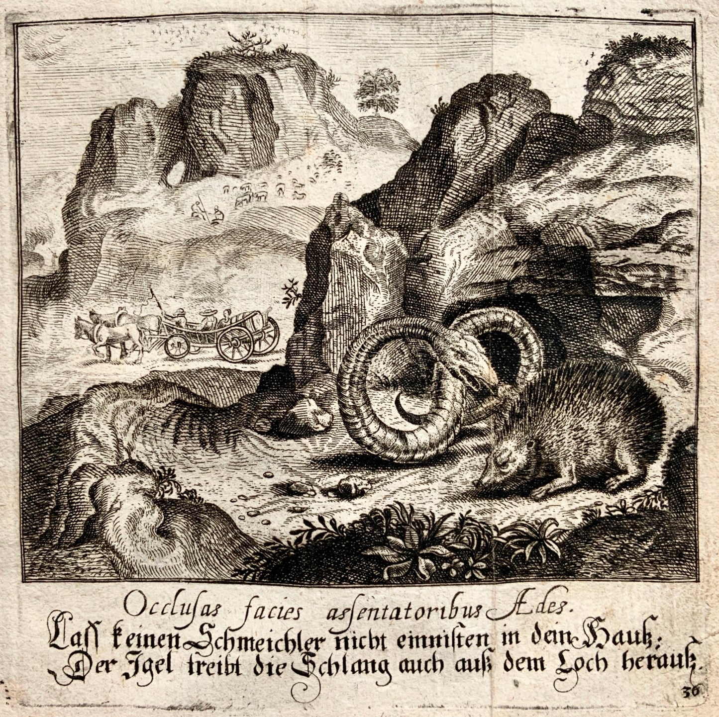 1689 Christoph Schmidts after Aeg. Sadeler FABLE Aesop - Snake & Hedgehog