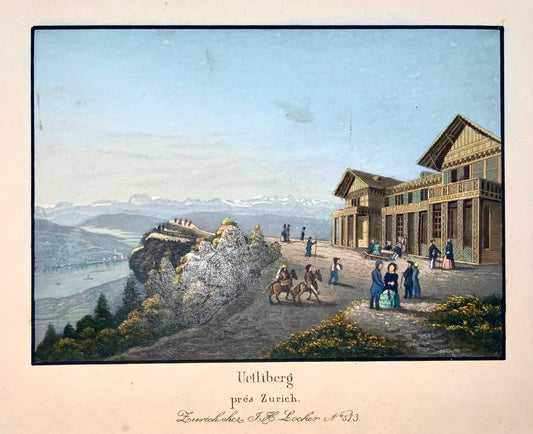 1850 JH Locher, Uetliberg di Zurigo, Svizzera, acquatinta colorata