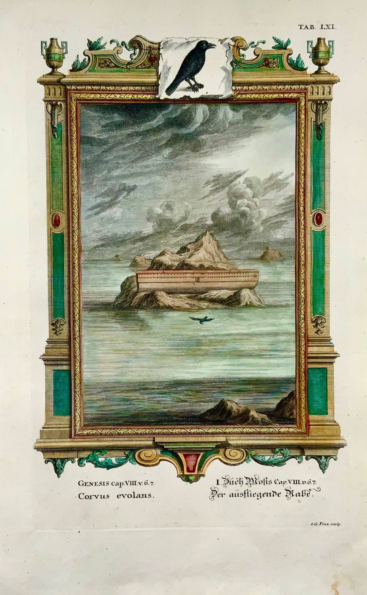 1735 Arca di Noè, corvo, JJ Scheuchzer, incisione biblica, folio, colorato a mano