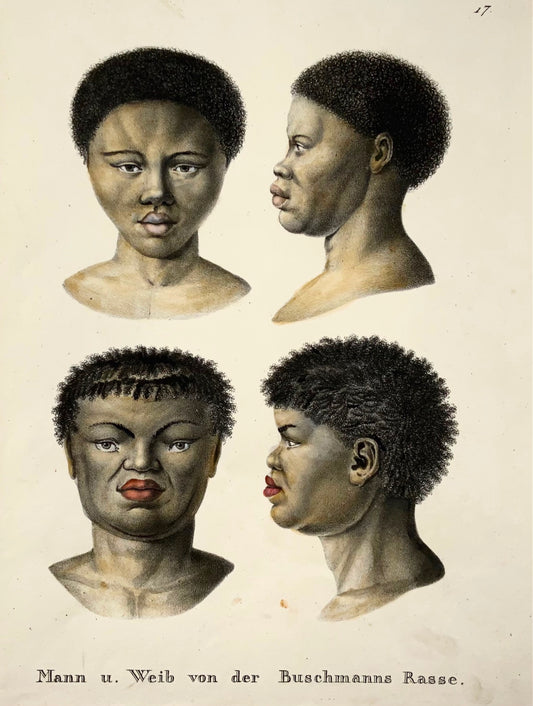 1824 Nativi africani, Boscimani, KJ Brodtmann, col. a mano, litografia, etnologia