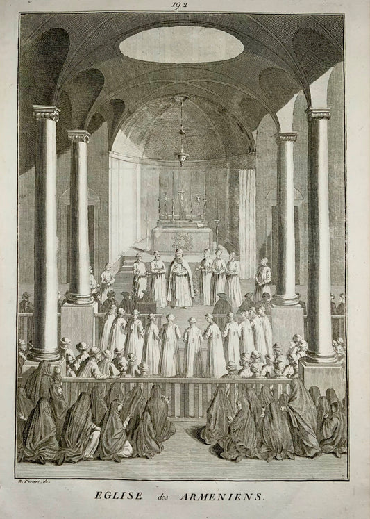1729 B. Picart, Armenian Church, Albania, Turkey, tall folio engraving