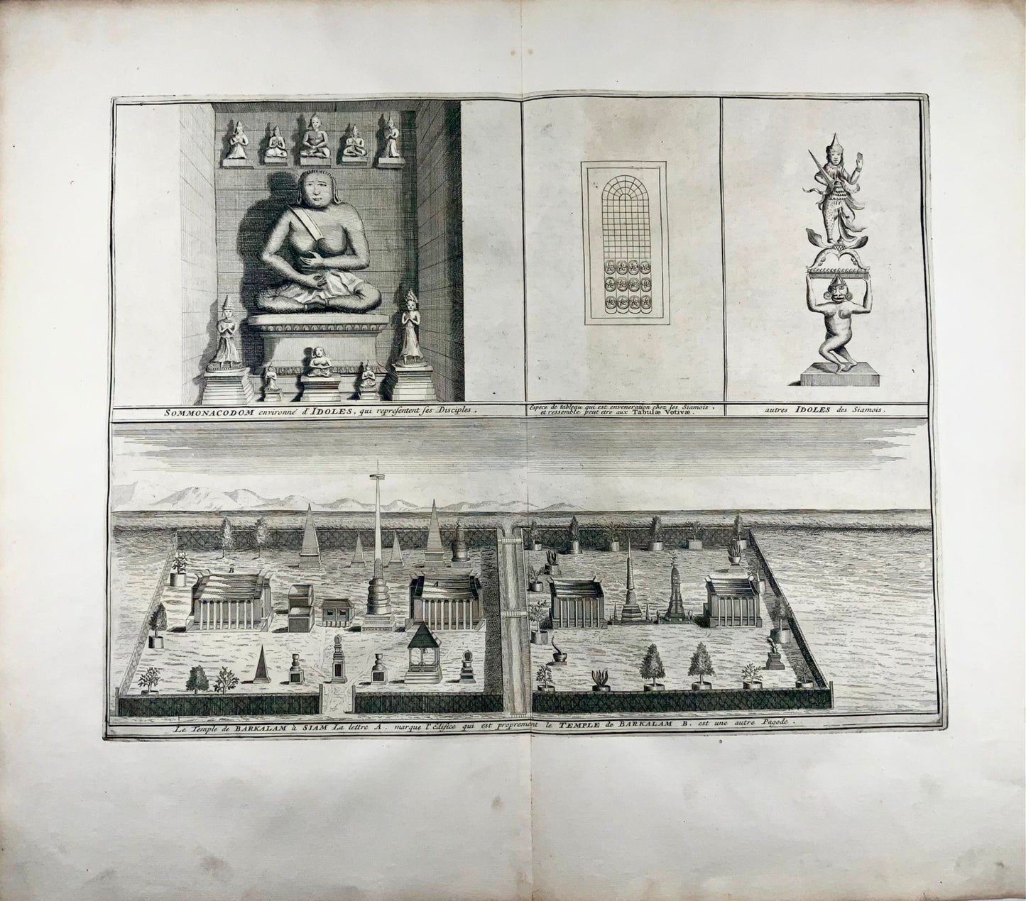 1729 [B. Picart], Idoles du Siam (Thaïlande), Temple de Barkalam, double in-folio 