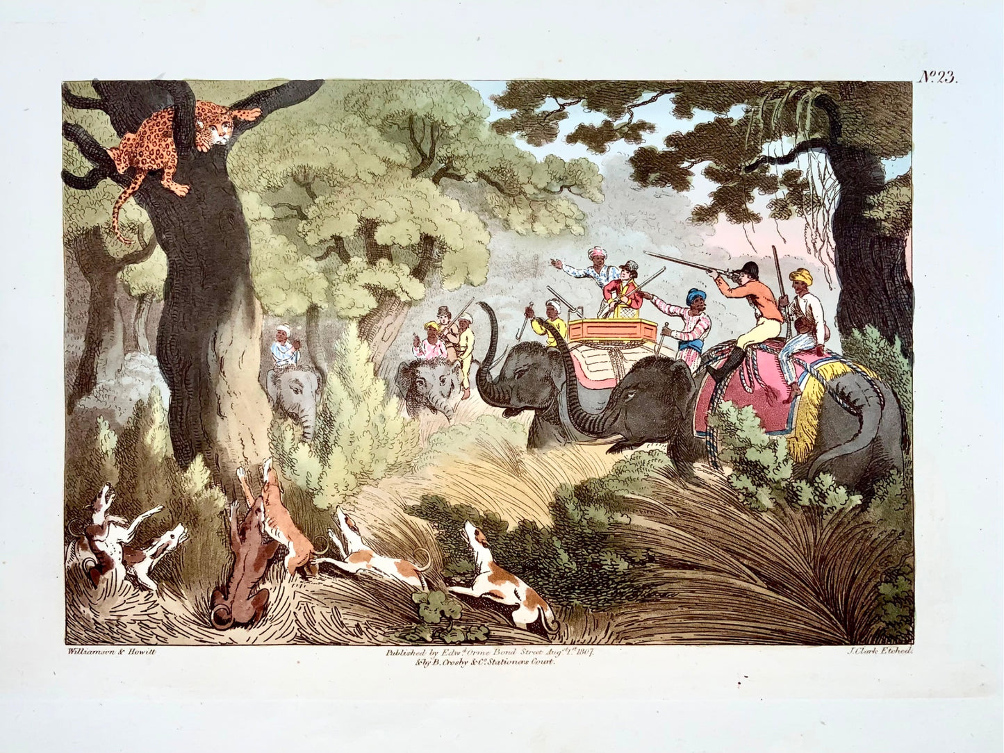 1807 gio. Williamson, The Tiger Hunt, acquatinta colorata a mano, sport, caccia