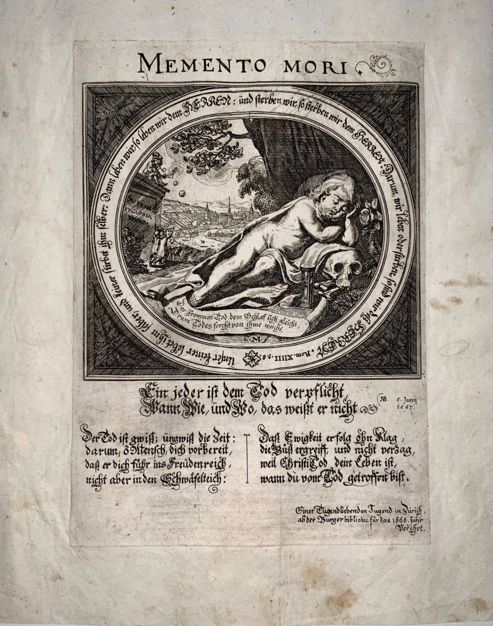 1668 Very Scarce Broadsheet: Conrad Meyer MEMENTO MORI Dance of Death