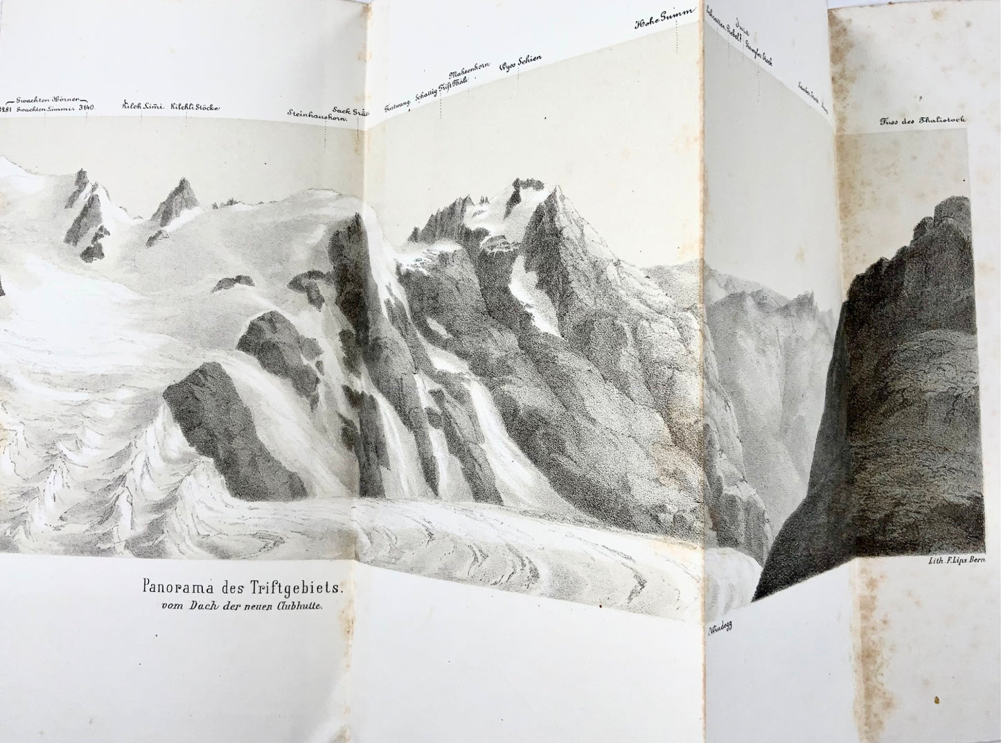 1865 Triftgebiet, Bernese Oberland, panorama, stone lithograph, Switzerland