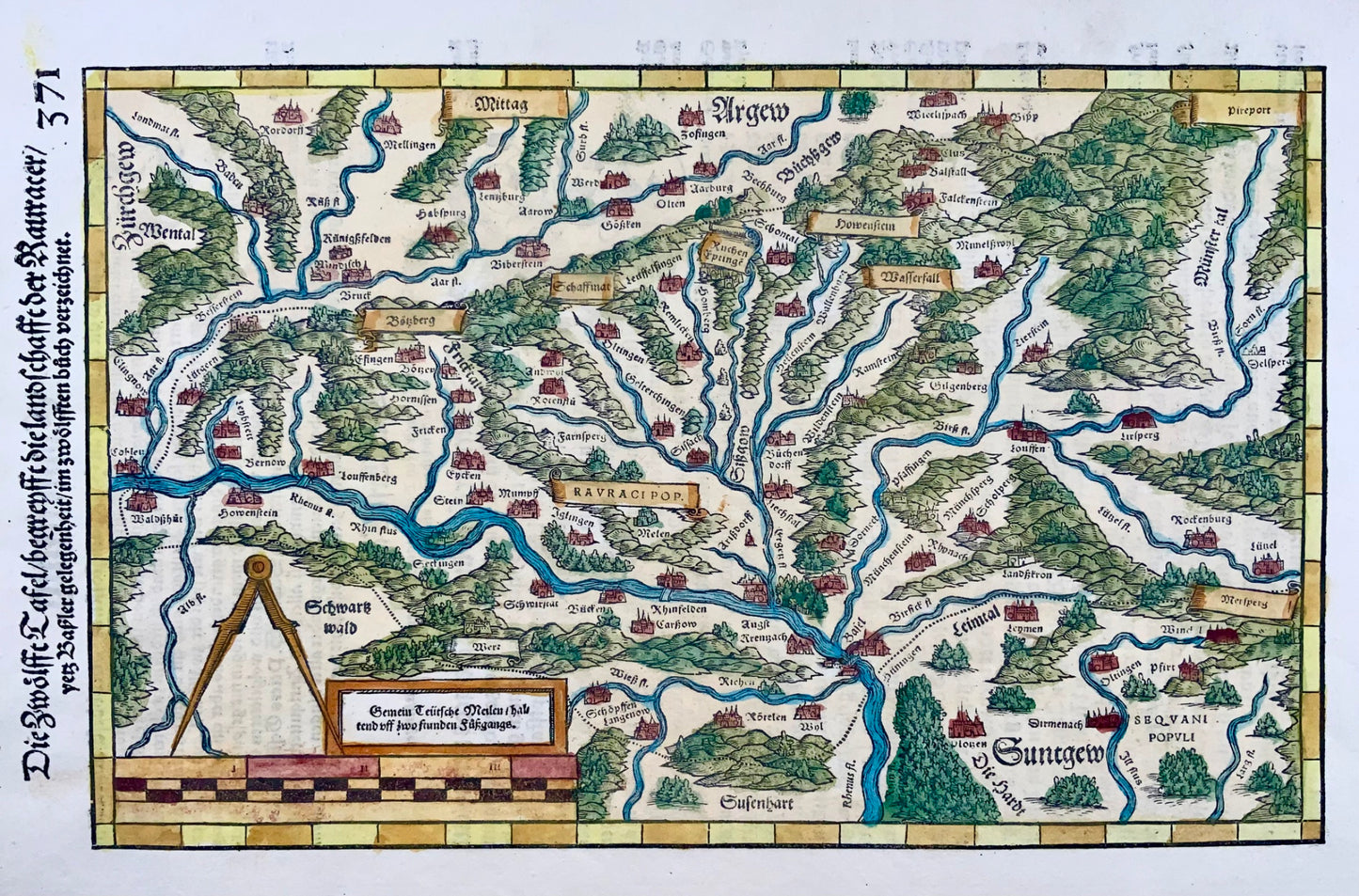 1548 Joh. Stumpf, Rhine, Germany, Switzerland, folio woodcut map