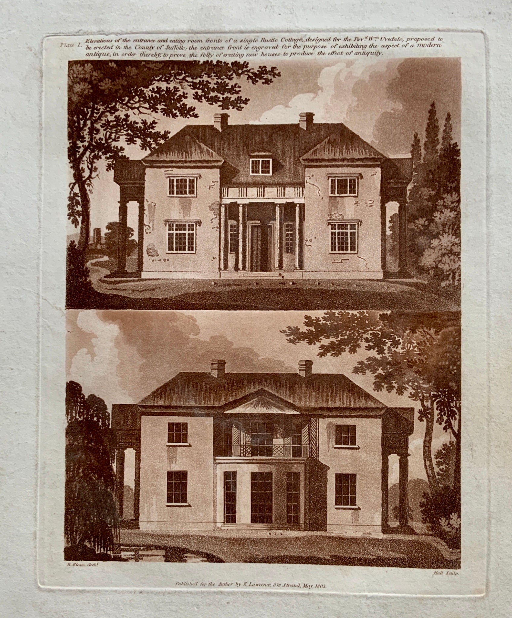 1803 Richard Elsam Folio aquatint Cottage in “Modern Antique” style Architecture