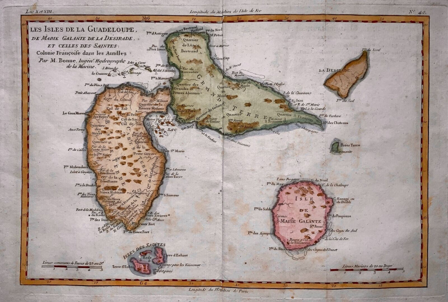 Mappa colorata a mano di Bonne, Isole dei Caraibi della Guadalupa e della Martinica del 1780