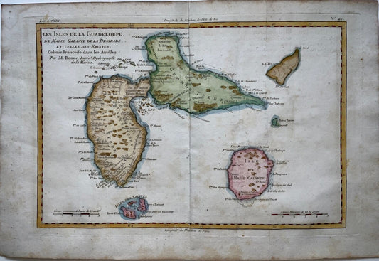 Mappa colorata a mano di Bonne, Isole dei Caraibi della Guadalupa e della Martinica del 1780