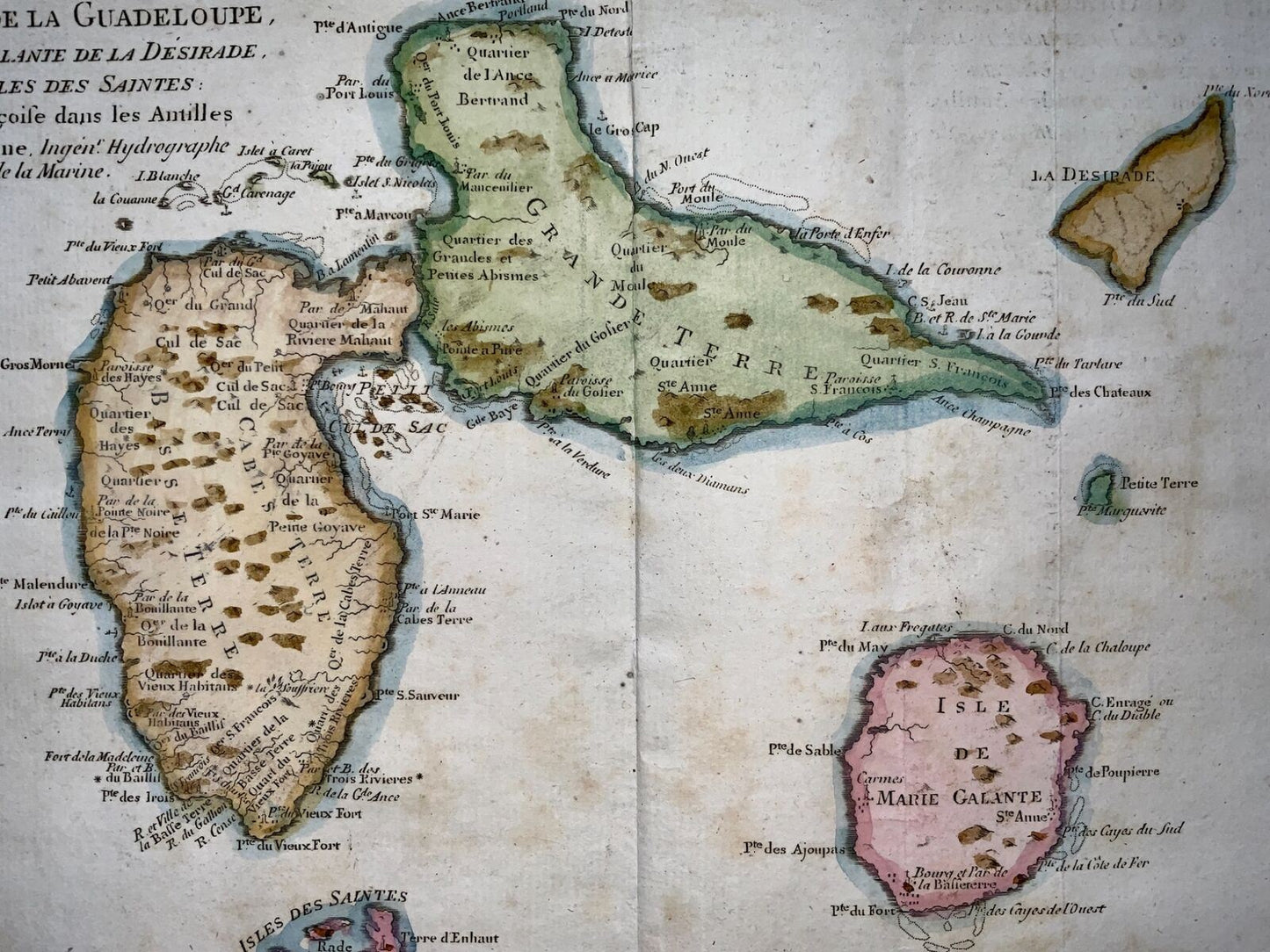 1780 Bonne, Îles des Caraïbes de Guadeloupe et Martinique carte colorée à la main