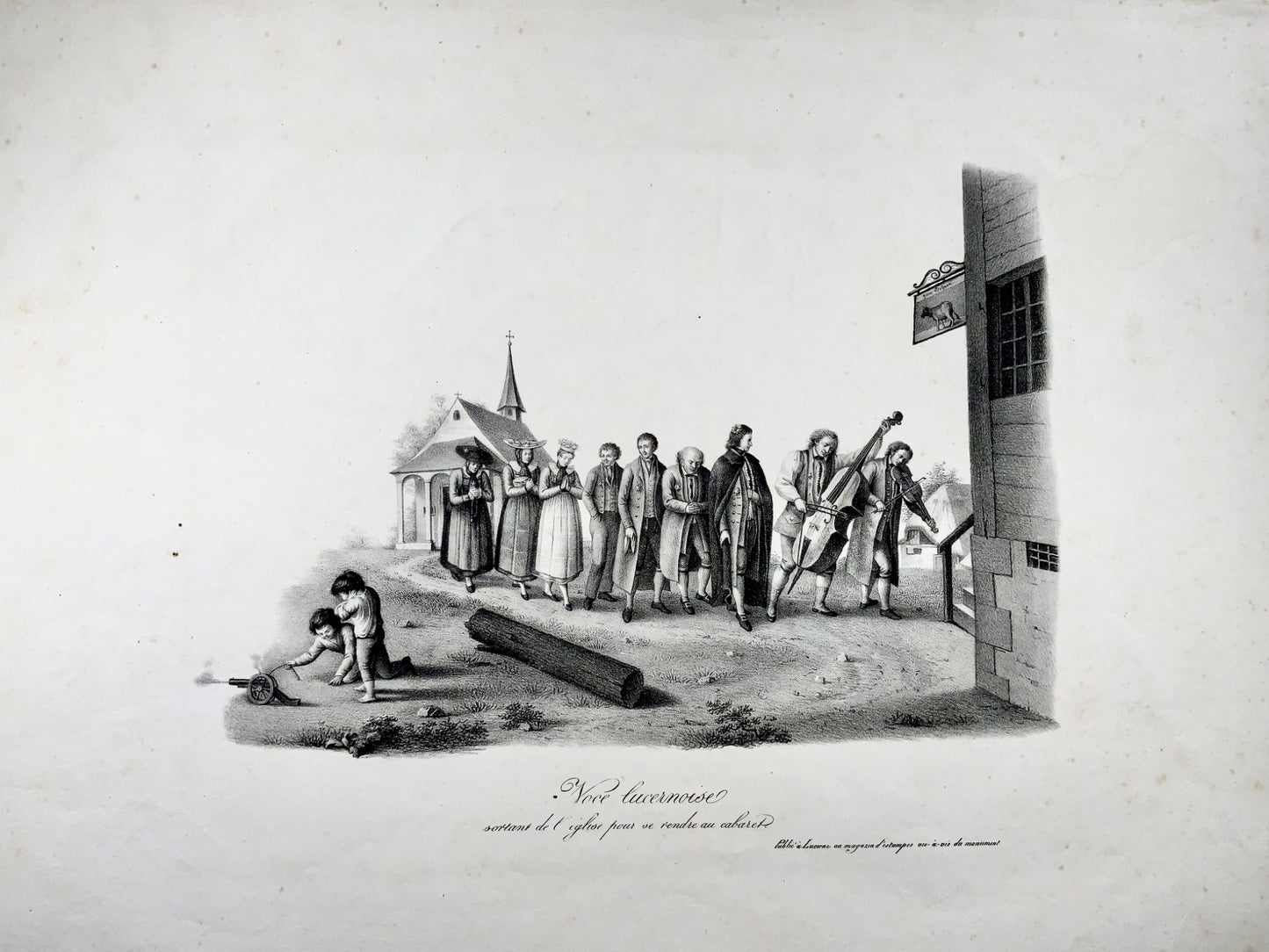 1820 Uscita dalla cappella per la Gasthaus, Lucerna Svizzera litografia 49 cm