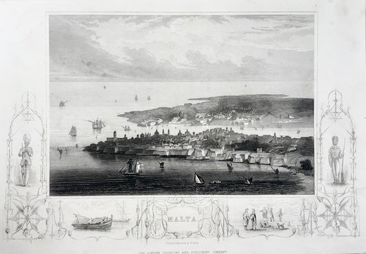 1809 Bibby, incisione su acciaio di Malta, il porto di La Valletta e vignette