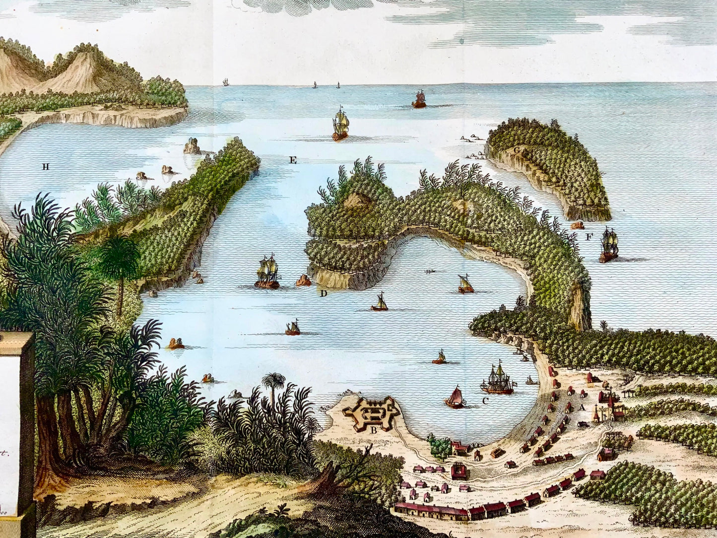 1757 Mappa panoramica della baia di Acapulco, Messico, colorata a mano, Schley