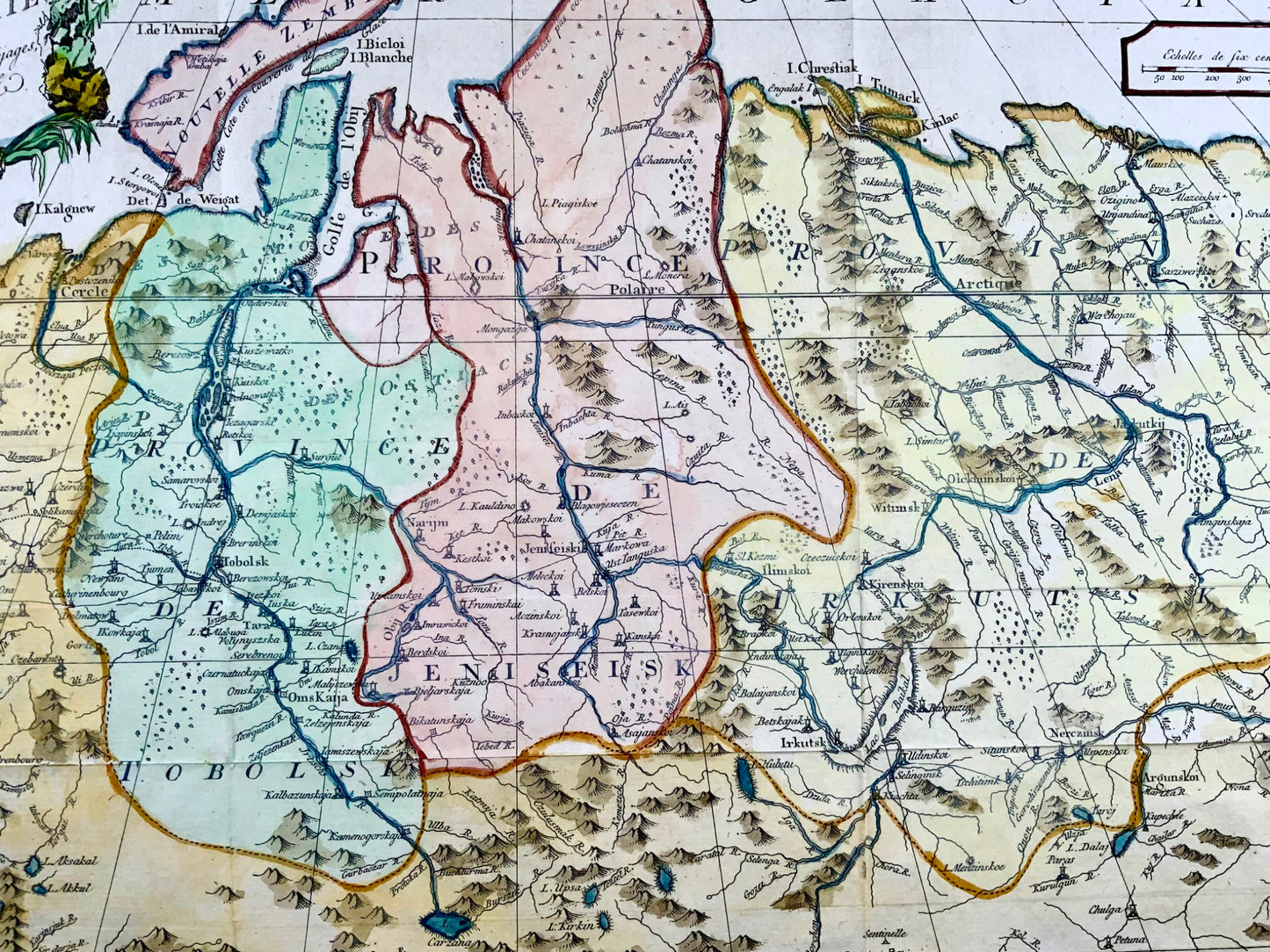 1756 J.N. Bellin; Schley, Siberia, Jenisi River, Russia, hand coloured map