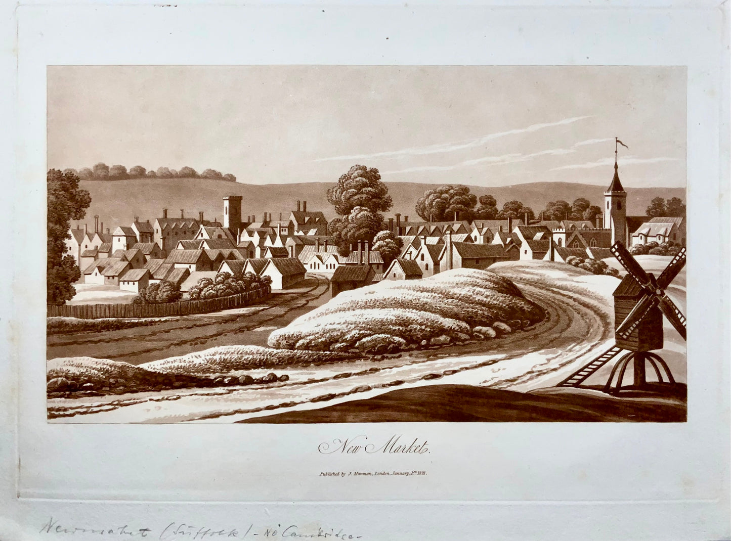 1821 Newmarket, Cambridgeshire, Sepia aquatint by Mawman after Shepherd, topography, travel