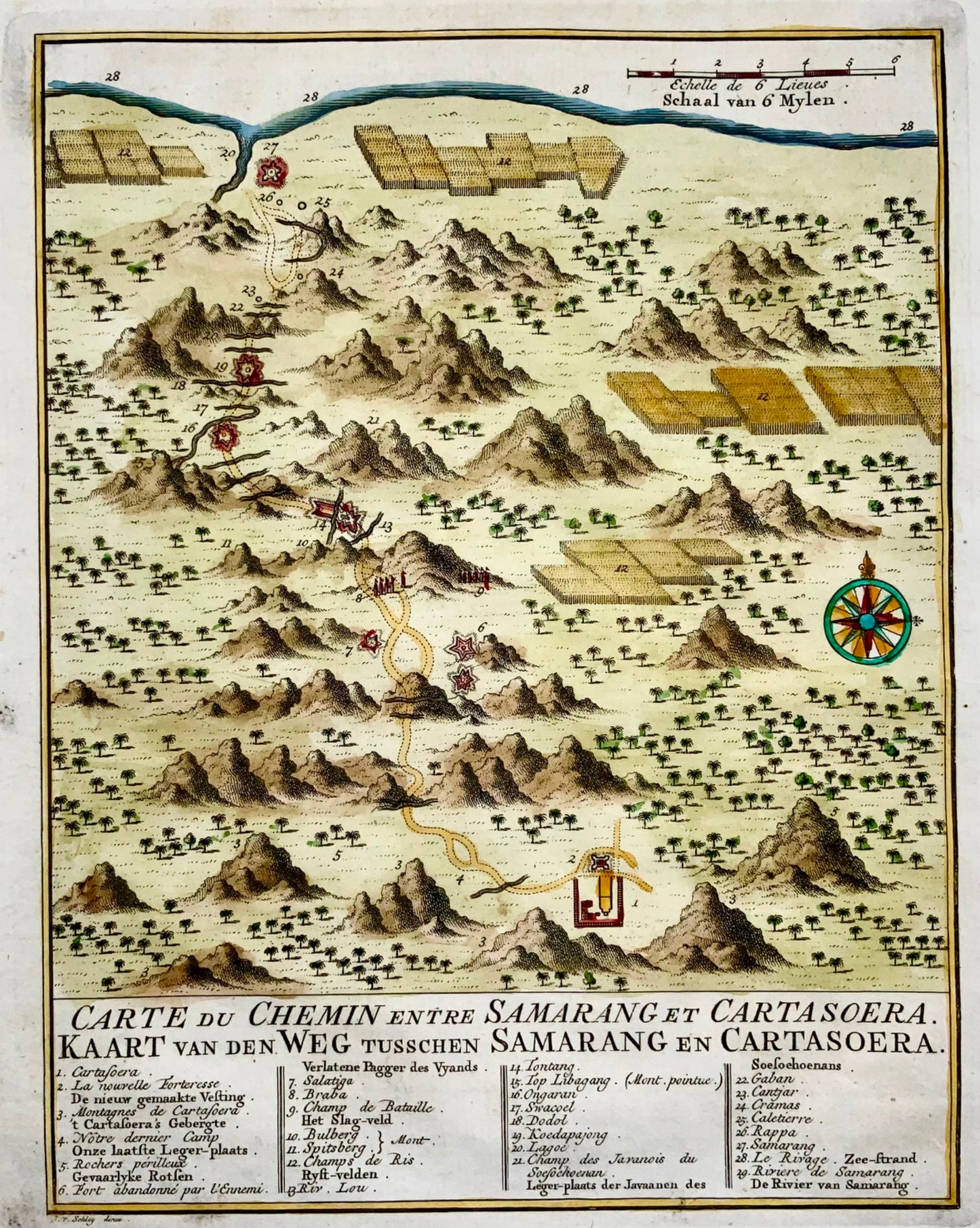 1763 Carte de l'Indonésie, Semarang, Kartasoera, Soerabaya par Schley