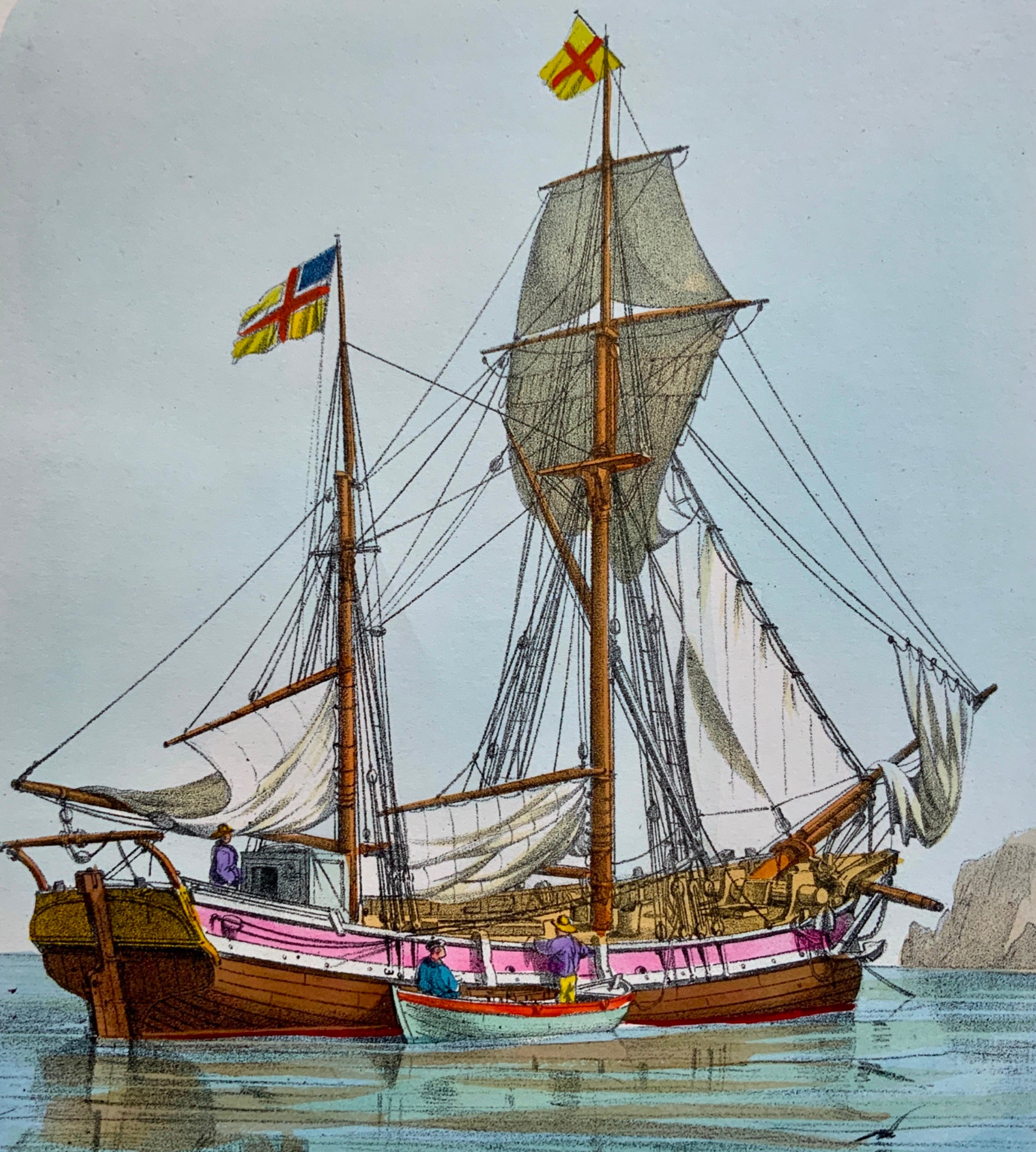 1860 c. L. Lebreton - Galoit Sailing Boat - Folio stone lithograph - hand colour - Maritime