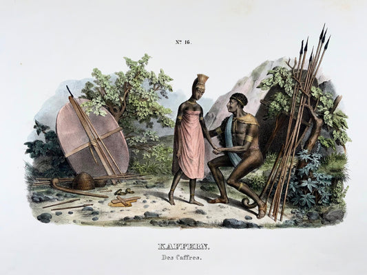 1840 indigènes sud-africains, Brodtmann, lithographie en pierre folio colorée à la main, ethnologie
