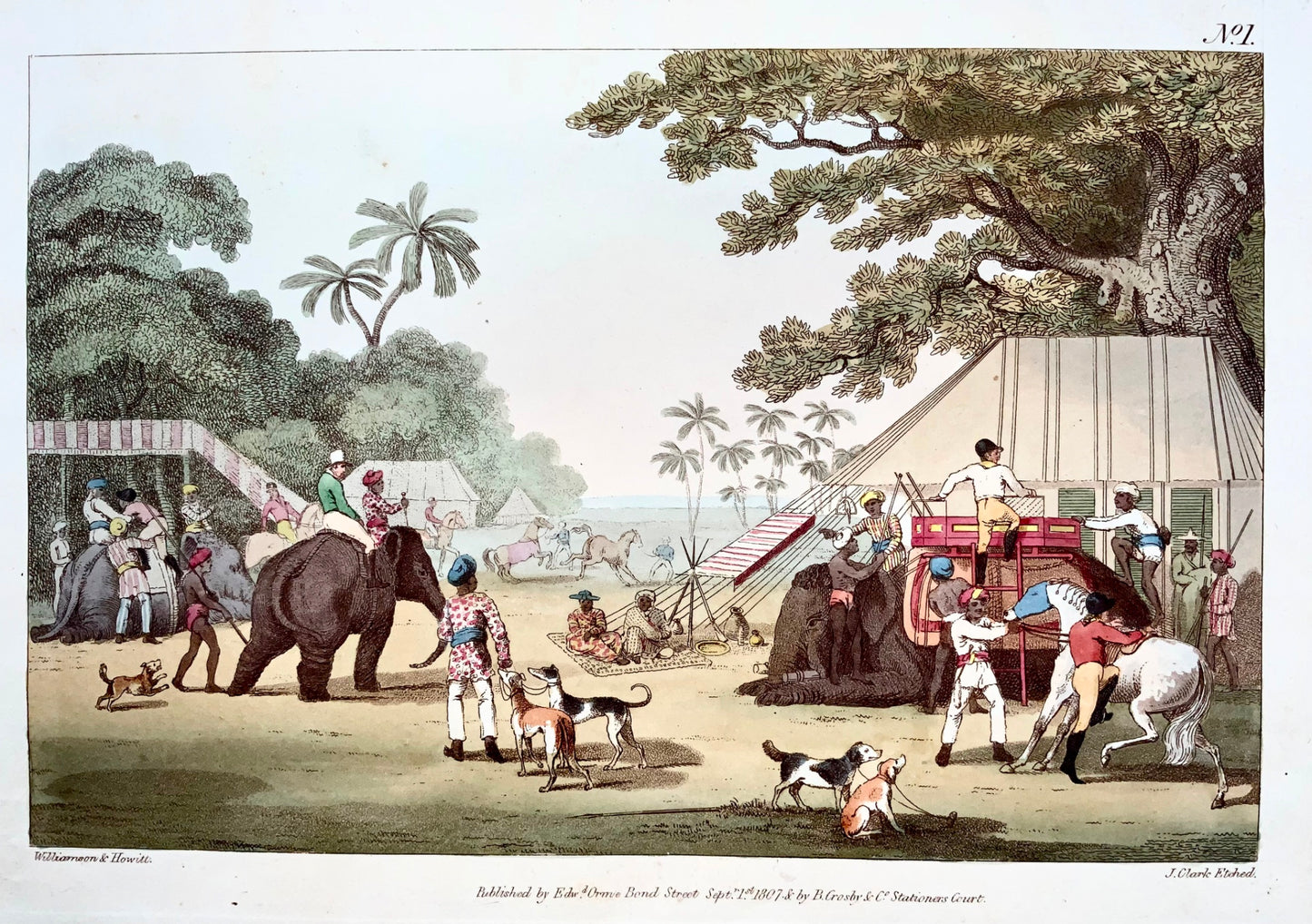 1807 gio. Williamson, Preparativi per una caccia, acquatinta colorata a mano, sport, India, topografia straniera