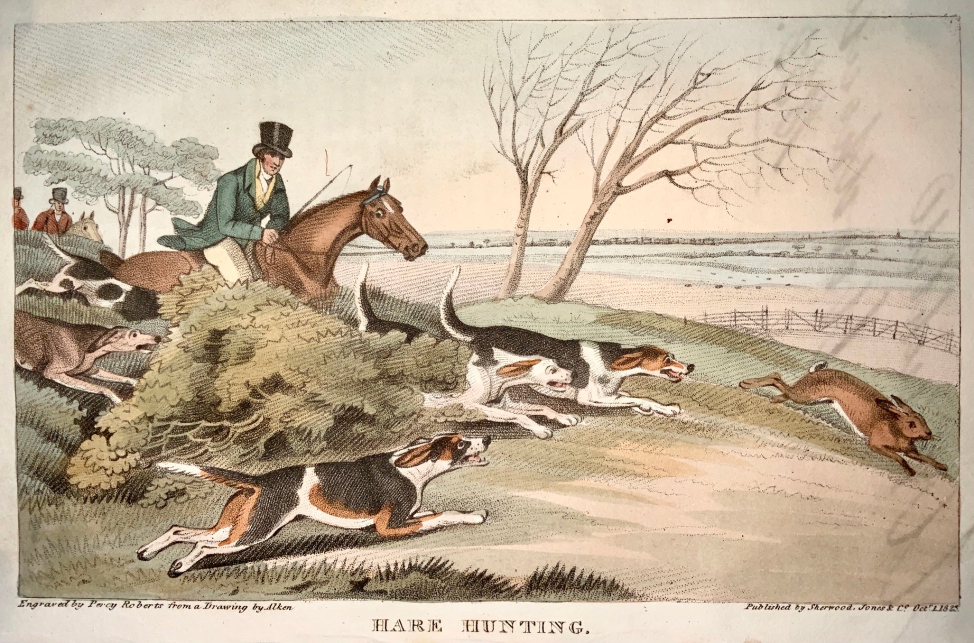 1823 Sherwood after Alken - HARE HUNTING - hand coloured aquatint