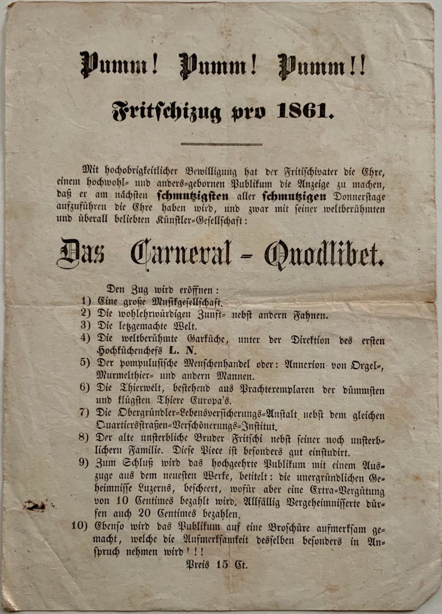 1861 Carnival Lucerne Switzerland - Scarce Handbill “Das Carneval - Quodlibet”