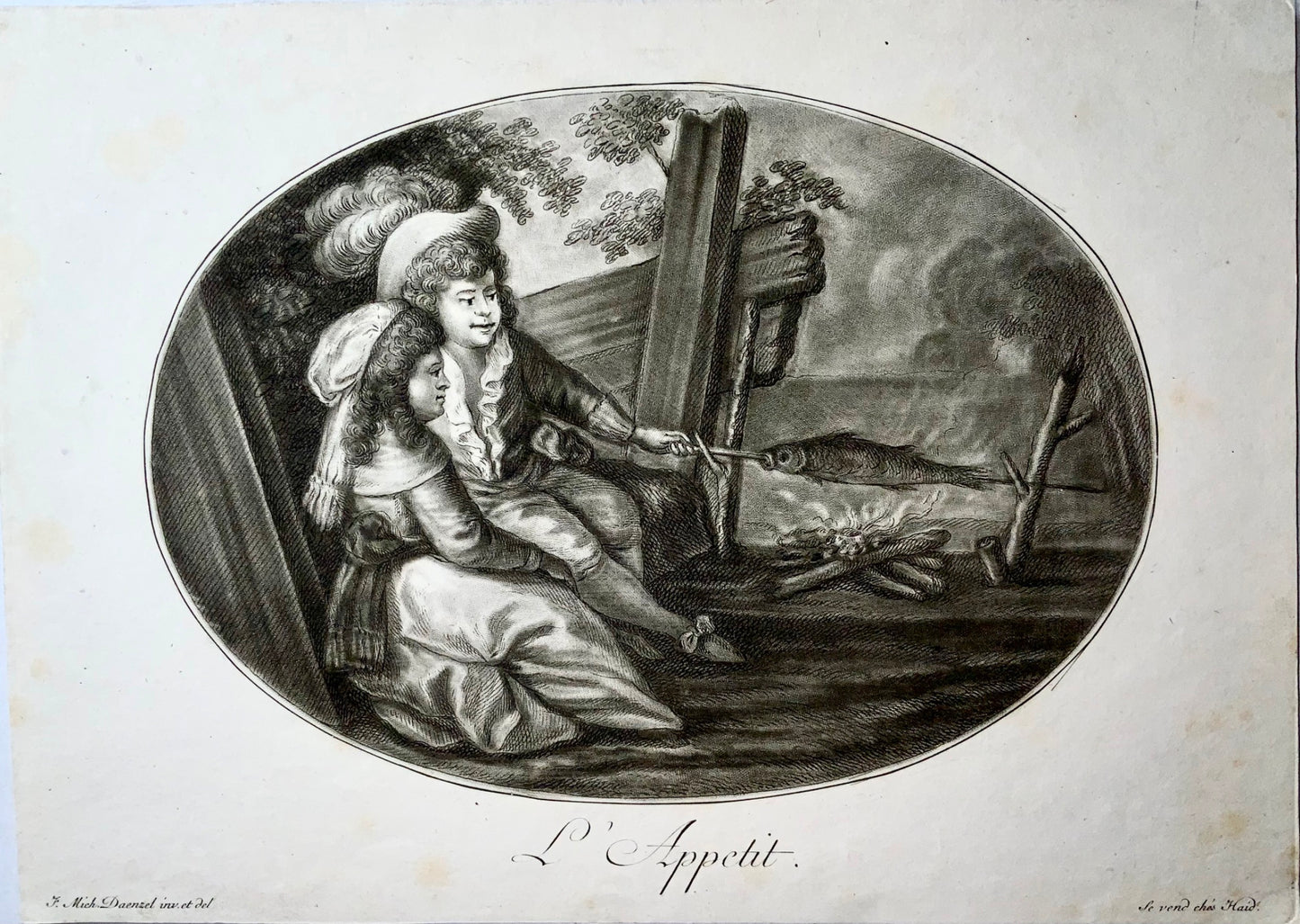 1780c J.M. Daenzel, Haid, L’Appetit, L’Avidite, fish, food, 2 stipple engravings