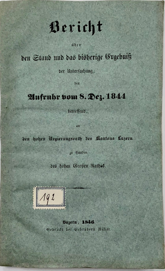 1844 Rivoluzione a Lucerna, inizio della guerra del Sonderbund, Svizzera