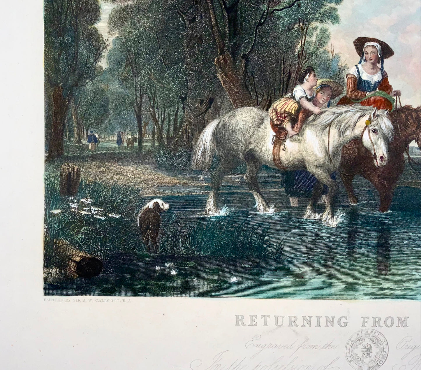 1845 Di ritorno dal mercato, AW Calcott, incisione a colori molto grande di 55 cm, paesaggio