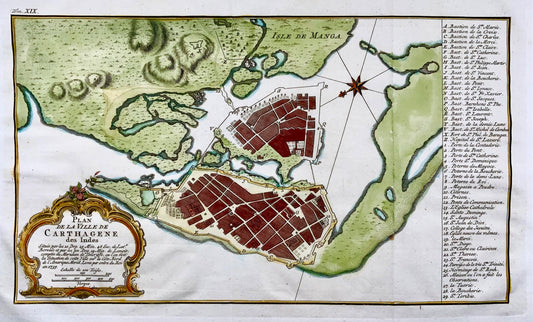 1754 Cartagena in Colombia, South America hand coloured map