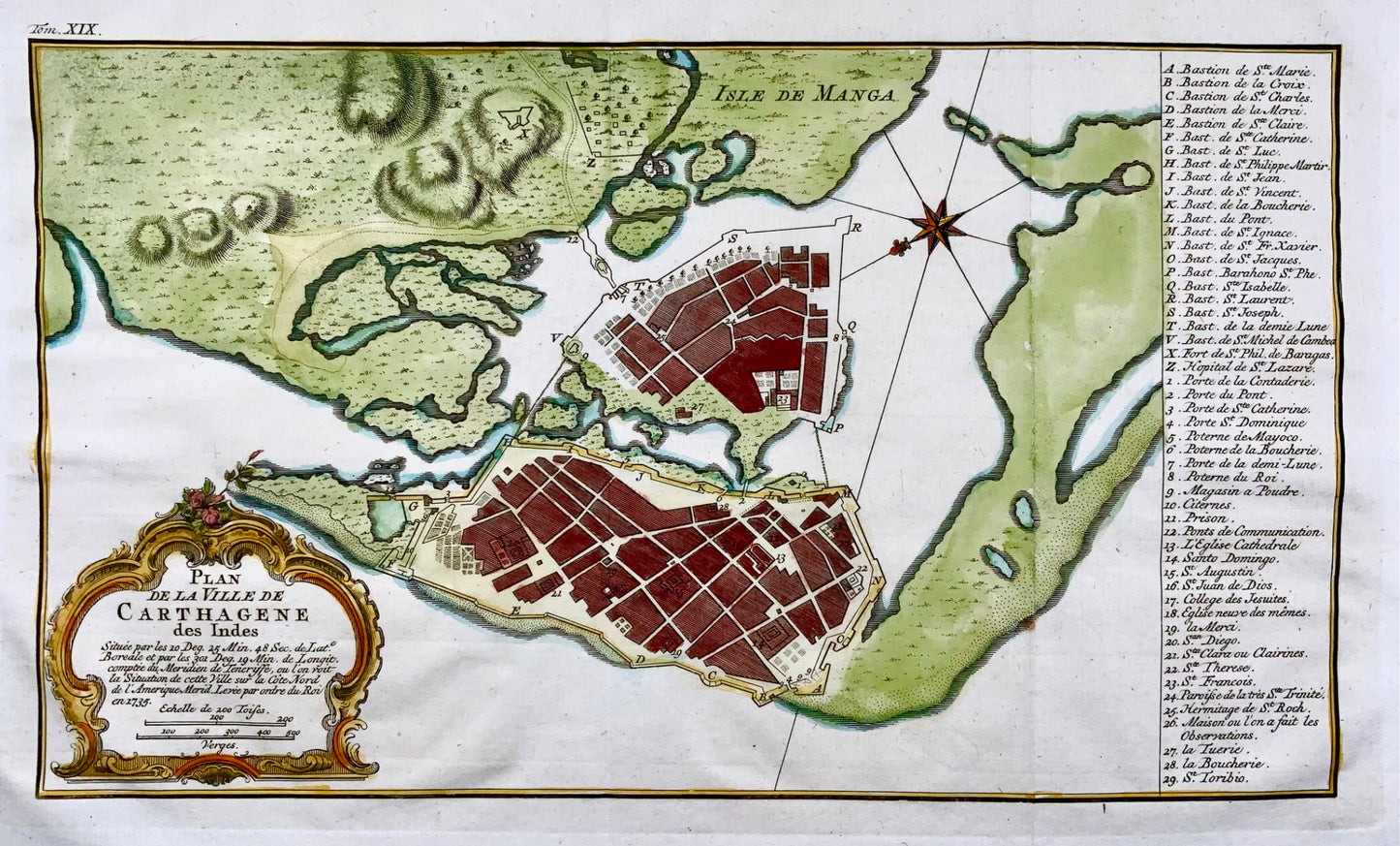 1754 Cartagena in Colombia, mappa colorata a mano del Sud America