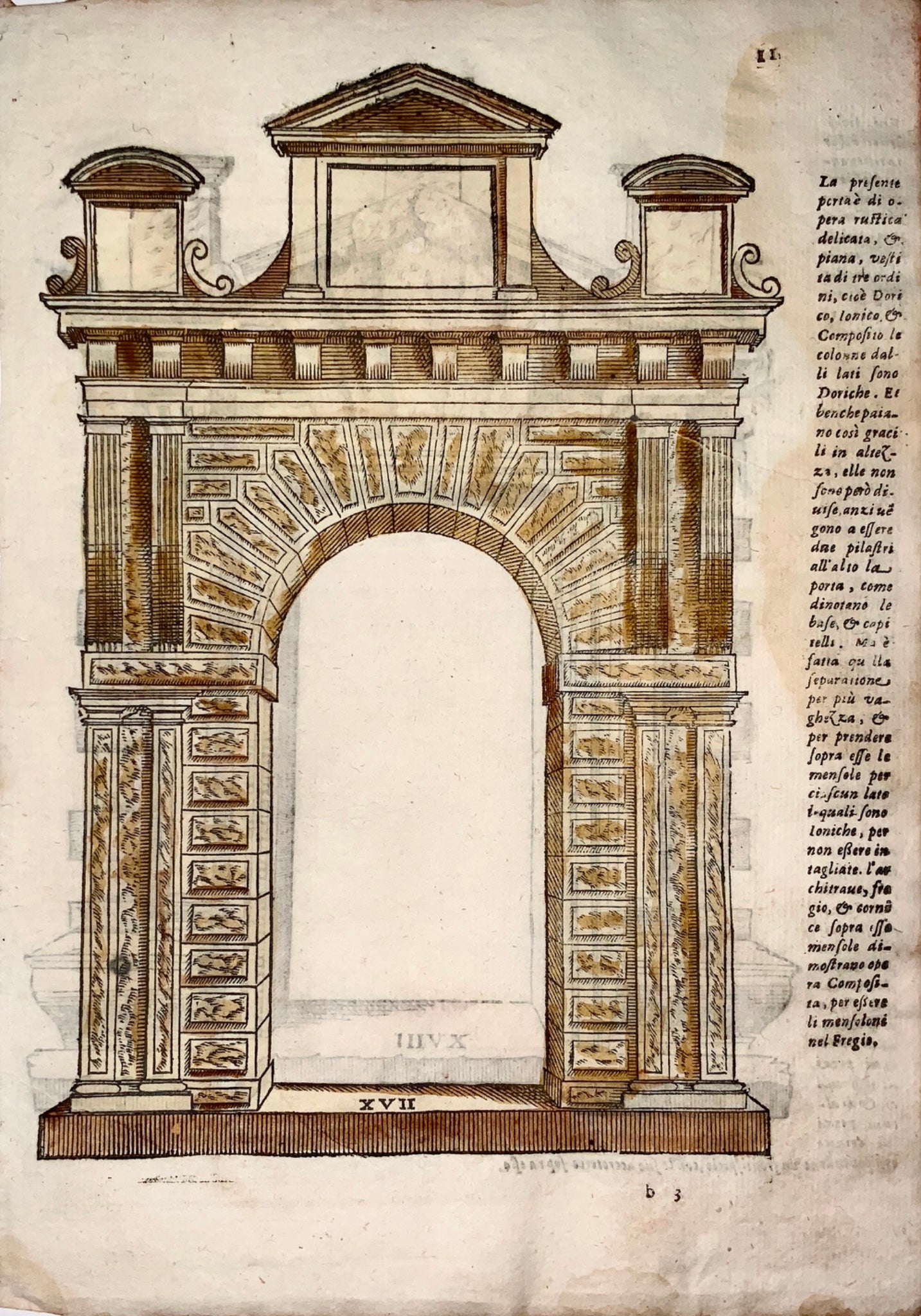1615 Seb Serlio; hand coloured woodcut leaf - Portal Doric Style, Italy