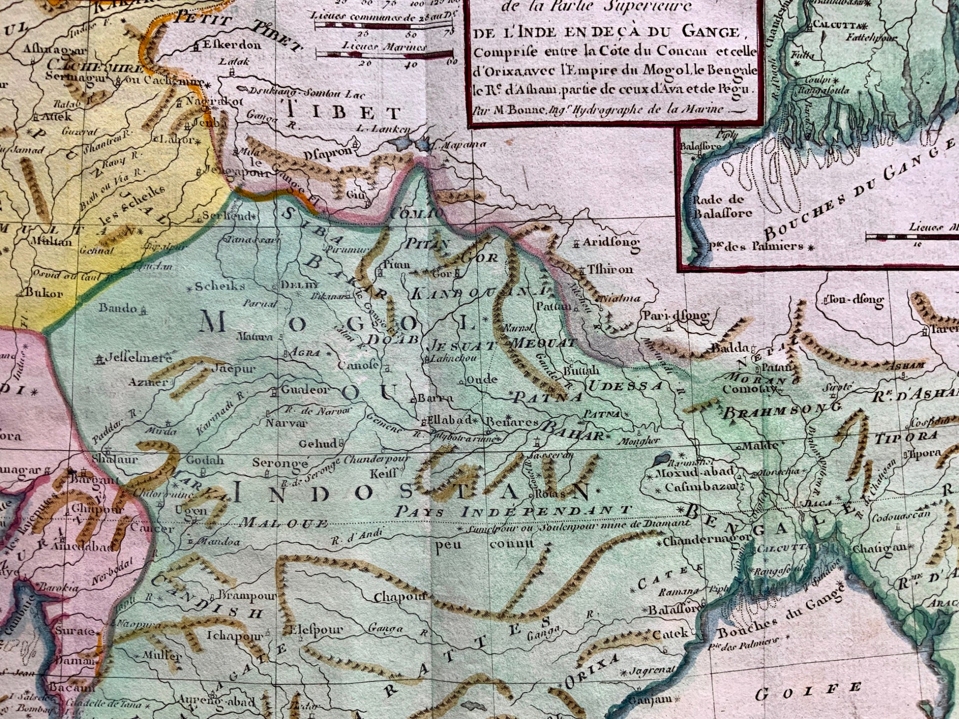 1780 Bonne - Antique Map - NORTH INDIA - Hand coloured