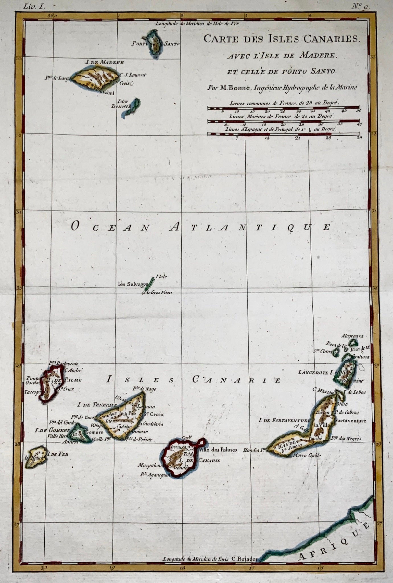 1780 Bonne - Antique Map Carte Des Isles Canaries Canary Islands - Handcoloured