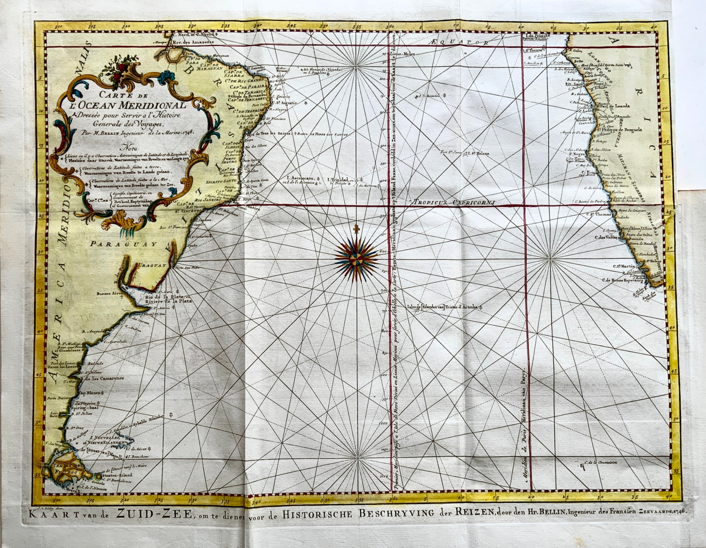 1756 J.N. Bellin; Schley: SOUTH ATLANTIC OCEAN Large hand coloured map